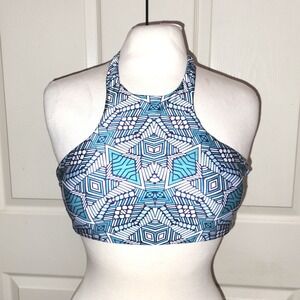 Lazy Daisy Womens Blue Geometric Tribal High Neck Halter Bikini Top Size Large